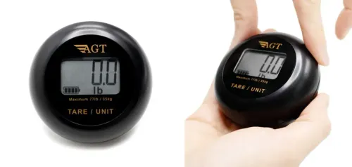 Standalone close up image of the American Green Battery-Free Portable Luggage Scale (left) and close up of person setting the scale in their hands (right)